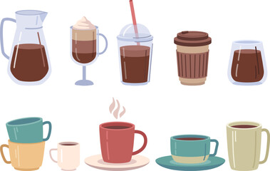 Wall Mural - Coffee drinks and beverages served in mugs and plastic cups for take away vector style illustration