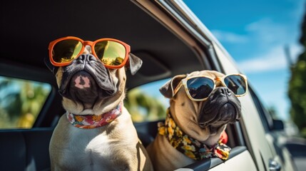 Two pugs wearing sunglasses in car. Pet travel and summer vacation concept.