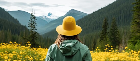 Poster - A woman wearing a yellow hat is surrounded by yellow flowers in a field with mountains in the background, creating a beautiful natural landscape