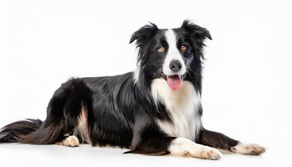 Border Collie dog - Canis lupus familiaris - a working sheep herding dog or as a companion animal isolated on white background laying and looking at camera