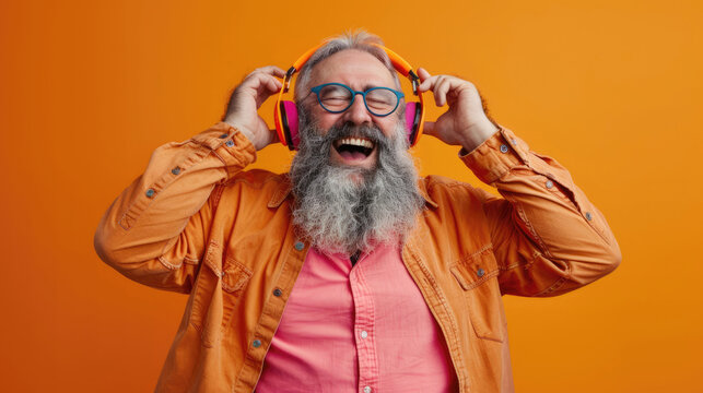 Happy old man smiling in headphones positive elderly age amusement