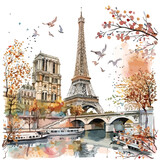 Fototapeta Paryż - Watercolor Romantic Paris 