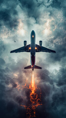 Canvas Print - A plane is flying through a stormy sky with a fiery trail behind it. Concept of danger and excitement, as the plane soars through the turbulent weather. The contrast between the bright orange trail