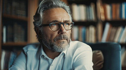 Wall Mural - A man with glasses is sitting in a chair in front of a bookshelf. He is deep in thought