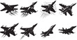 Silhouettes of military jet in various angles, depicted in black on a white background, showcasing dynamic movement and speed
