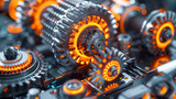 Fototapeta  - A close up of a machine with gears that are glowing orange. Concept of technology and innovation, as the gears are illuminated and appear to be in motion