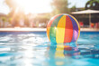 The setting sun bathes a colorful beach ball in golden light as it floats on the calm water of a pool, evoking a tranquil summer evening.
