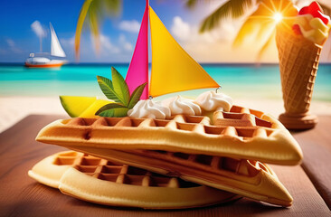 Wall Mural - bright colourful dessert with freshly done waffle and fresh fruits on tropical background