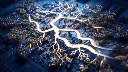 Poster - background concept is artificial intelligence, a symbol of nature and growth, a tree of life and a brain integrated and combined with a computer chip, fictional graphics