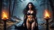 © Foto-Jagla.de - Young female magician with black long hair and skimpy leather bikini stands with her perfect body at a candlelit entrance.