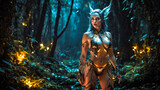 Fototapeta Góry - Glowing female forest elf with blue hair and skimpy armor in the middle of a mystical enchanted forest
