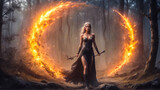 Fototapeta Góry - Young sorceress with white hair walks through a magical portal of fire in the middle of a foggy forest