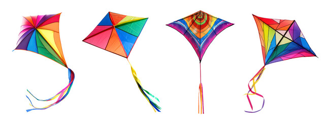 Colorful flying kites set isolated on transparent background, png. Photorealistic colorful kite cliparts collection