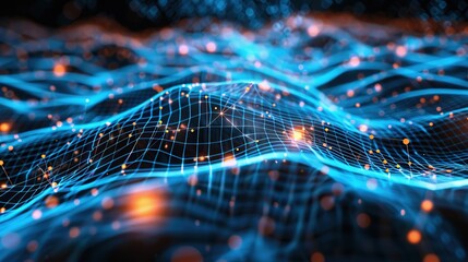 Poster - Captivating blue virtual waves flow across a digital terrain, symbolizing the dynamic movement of information and the digital exchange in the interconnected world of technology