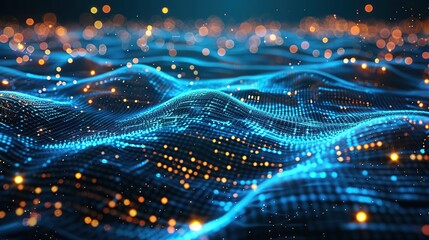 Poster - This image features a stunning virtual landscape with undulating blue waves dotted with bright nodes, creating a visual metaphor for data flow and digital connectivity