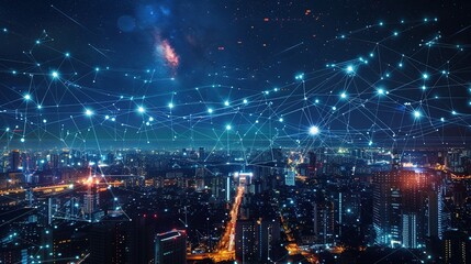 Poster - The image portrays a breathtaking cityscape at night, overlaid with a starry network that lights up the urban landscape, symbolizing the interconnectedness of modern cities and technology