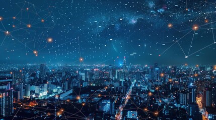 Poster - An awe-inspiring urban night view, overlaid with a cosmic web of connectivity, offers a symbolic fusion of a modern metropolis with the vastness of the universe