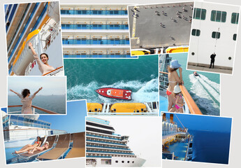 collage of pictures of cruise liner with wom�n and girl on ship