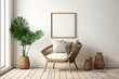 Get lost in the boho vibes of a modern living area featuring a wicker chair, floor vases, and a blank mockup poster frame against a bright white wall.