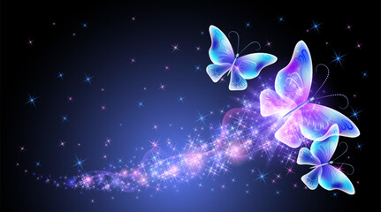 Wall Mural - Magic butterflies with fantasy sparkle and blazing trail and glowing stars on night background