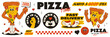 A pizza delivery theme set in the trending retro groovy style. Pizza character, stickers with words of thanks to the customer and fast delivery.	