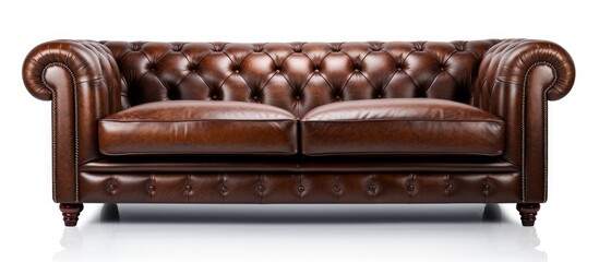 Poster - A brown leather couch, a comfortable piece of furniture resembling a rectangle, is placed on a white surface, creating a stylish contrast of materials with wood and metal elements