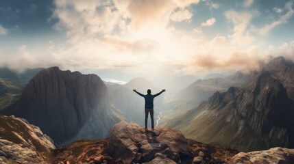 Man is standing on a mountain top with raised hands. Triumphant hiker celebrates on mountain peak