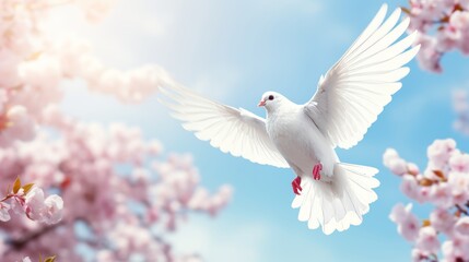 Wall Mural - Majestic white dove flying under sunlit sky with beautiful sakura trees in the background