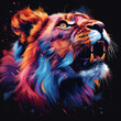 bright multicolored profile of face of angry roaring tiger on a black background. Pop art style