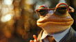 boss frog wearing business coat, tie, shirt and glasses , blur background , can be used for cards, business, banners, posters	
