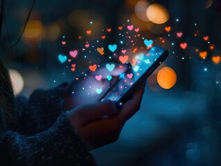 Wall Mural - hands holding a smartphone, with digital icons of hearts and thumbs up floating from the screen dark background