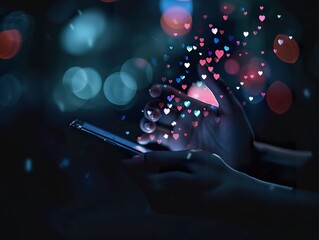 Wall Mural - hands holding a smartphone, with digital icons of hearts and thumbs up floating from the screen dark background