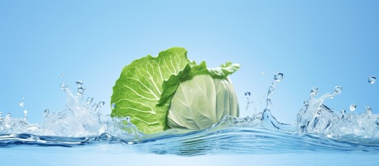 Poster - A cabbage is gracefully plunging into the calm water, creating ripples that reflect the vivid colors of the sky and surrounding natural landscape