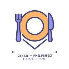 Sticker - Restaurant cutlery place setting pixel perfect RGB color icon. Customer service, dining experience. Cooking equipment. Isolated vector illustration. Simple filled line drawing. Editable stroke