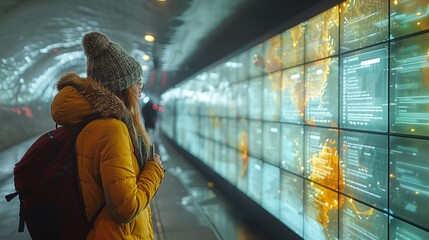 Poster - Woman Standing in Front of Wall Covered in Data