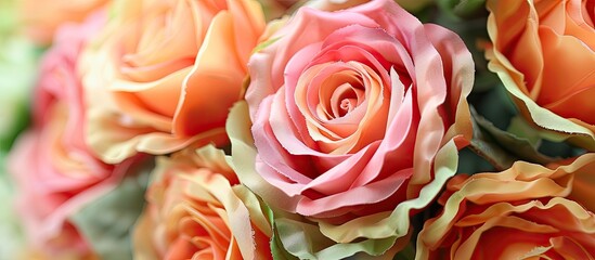 Wall Mural - A stunning closeup of a beautiful bouquet featuring pink and orange roses, showcasing the intricate details of each flower in the rose family