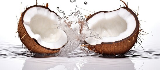 Poster - Two coconuts, a natural material, are being splashed with water on a white surface. The droplets glisten on their surface, resembling jewellery or a fashion accessory