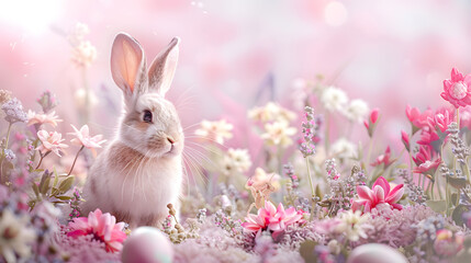 Wall Mural - Magical pink and lavender-themed background radiates the spirit of Easter, with whimsical bunny motifs, pastel-colored eggs, and blooming spring flowers set against a dreamy sky