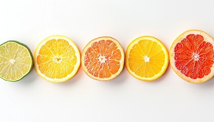 Vibrant citrus fruit slices on white background