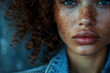 Close-up of a young woman with curly hair and freckles, wearing denim.