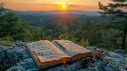 a sunrise or sunset from a secluded vantage point, featuring an open journal and pencil resting on a rock, where reflections on Earth Day are penned.