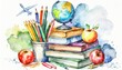 Watercolor Illustration of Education and Travel Concept