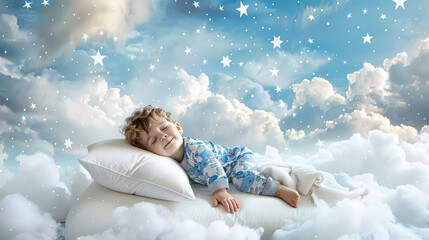 Wall Mural - happy smiling little boy child in pajamas sleeping on white clouds in the sky, healthy pleasant sleep