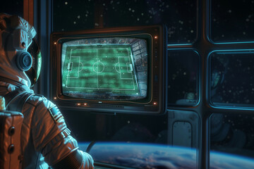 an astronaut in space looks at a television showing a soccer field