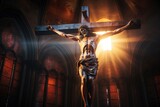 Fototapeta Londyn - crucifix, jesus on the cross in church with ray of light from stained glass - generative ai