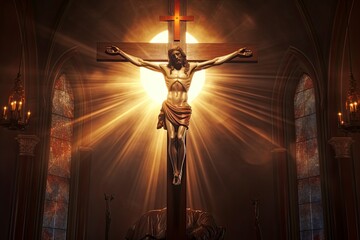 crucifix, jesus on the cross in church with ray of light from stained glass - generative ai