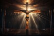crucifix, jesus on the cross in church with ray of light from stained glass - generative ai