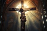 Fototapeta Londyn - crucifix, jesus on the cross in church with ray of light from stained glass - generative ai