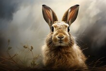 Naturalistic Side View Portrait Of Wild Rabbit. Brown Cute Hare In Nature Grass. Generate Ai