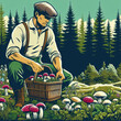 A man picking mushrooms in forest, retro style, vintage poster